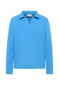 Blå pullover med lange ærmer, V-udskæring og blød tekstur. Har en lille mærkelogo på den nederste kant.