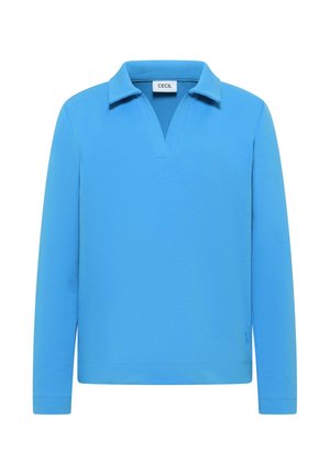 Modrý pulovr s dlouhými rukávy, výstřihem do V a měkkou texturou. Na spodním lemu je malá značka loga.