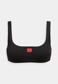 Črni rebrasti modrček s kvadratnim izrezom in širokimi naramnicami. Spredaj ima rdečo pravokotno etiketo z napisom "HUGO". Mehka tekstura.