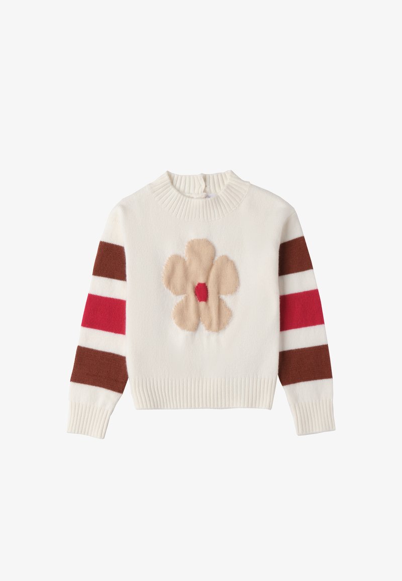 Maglione bianco con scollatura a costine, caratterizzato da un grande motivo a fiore beige e strisce di colore marrone e rosso sui maniche.