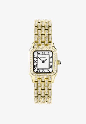 Montre rectangulaire en or avec un cadran blanc texturé et des chiffres romains noirs, entourée d'une lunette de pierres transparentes et d'un bracelet en maillons dorés.