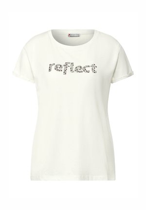 Weißes Baumwoll-T-Shirt mit umgeschlagenen kurzen Ärmeln, das das Wort "reflect" in schwarzer und grauer gemusterter Typografie auf der Vorderseite aufweist.