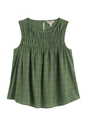 Varrukateta roheline ruuduline pluus kogutud smocking-detailiga üle rinna ja tagaküljel võtmega nööpidega kaeluse lõhikuga.