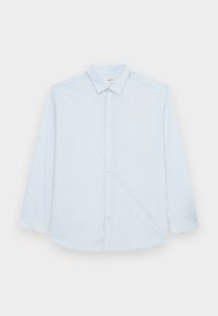 Camicia azzurro chiaro a maniche lunghe in tessuto leggero con colletto appuntito, chiusura frontale con bottoni e orlo arrotondato. Senza motivi o dettagli.