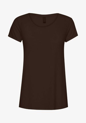 T-shirt marron à manches courtes en tissu doux, avec un col rond et une coupe décontractée, sans motifs ni embellissements.
