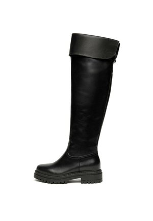 Schwarze knielange Stiefel aus glattem Leder, mit umgeschlagenem Schaft, runder Zehenpartie und einer stabilen Gummisohle mit strukturierter Griffoberfläche.