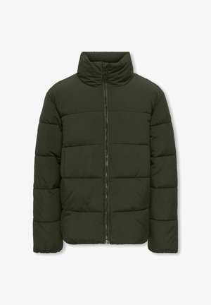 Mørkegrøn polstret jakke med høj krave og lynlåslukning foran, designet til varme og udendørs brug.