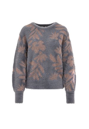 Pulover gri cu mâneci lungi, fabrică texturată și modele florale cu accente metalice în nuanța rose. Guler rotund și croială relaxată.