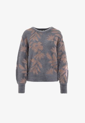 Pull gris à manches longues, en tissu texturé, avec des motifs floraux en accents métalliques rose. Col rond et coupe décontractée.
