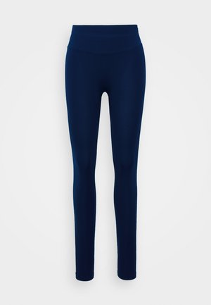 Leggings azul-marinho feitos de material elástico, com uma cintura alta e uma textura lisa e suave, projetados para conforto e flexibilidade.