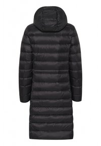 Zwarte pufferjas met capuchon, voorzien van verticale stiksels en een middenlange snit. Soepele textuur en minimale details.