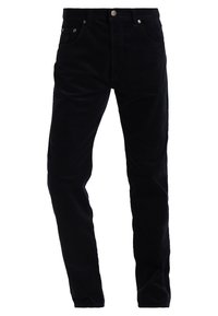 Černé manšestrové kalhoty s rovným střihem nohavic, pětikapsový design, kovové doplňky a měkký, texturovaný povrch.