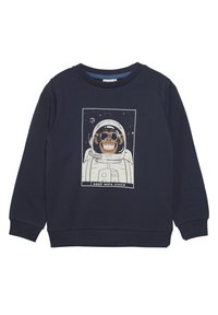 Felpa blu navy in cotone con scollo rotondo, caratterizzata da una grafica di una scimmia sorridente in tuta da astronauta con la scritta "Ho bisogno di più spazio."