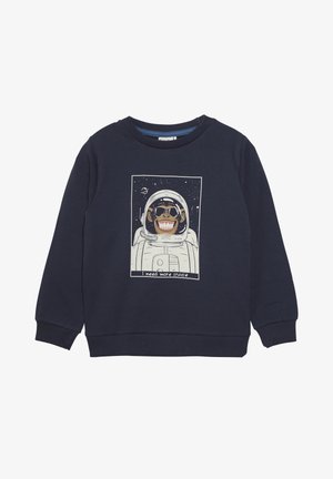 Sudadera navy de algodón con cuello redondo, que presenta un gráfico de un mono sonriente en un traje de astronauta con el texto "Necesito más espacio."