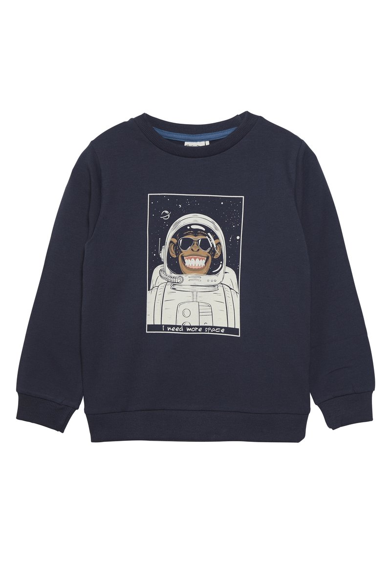 Felpa blu navy in cotone con scollo rotondo, caratterizzata da una grafica di una scimmia sorridente in tuta da astronauta con la scritta "Ho bisogno di più spazio."