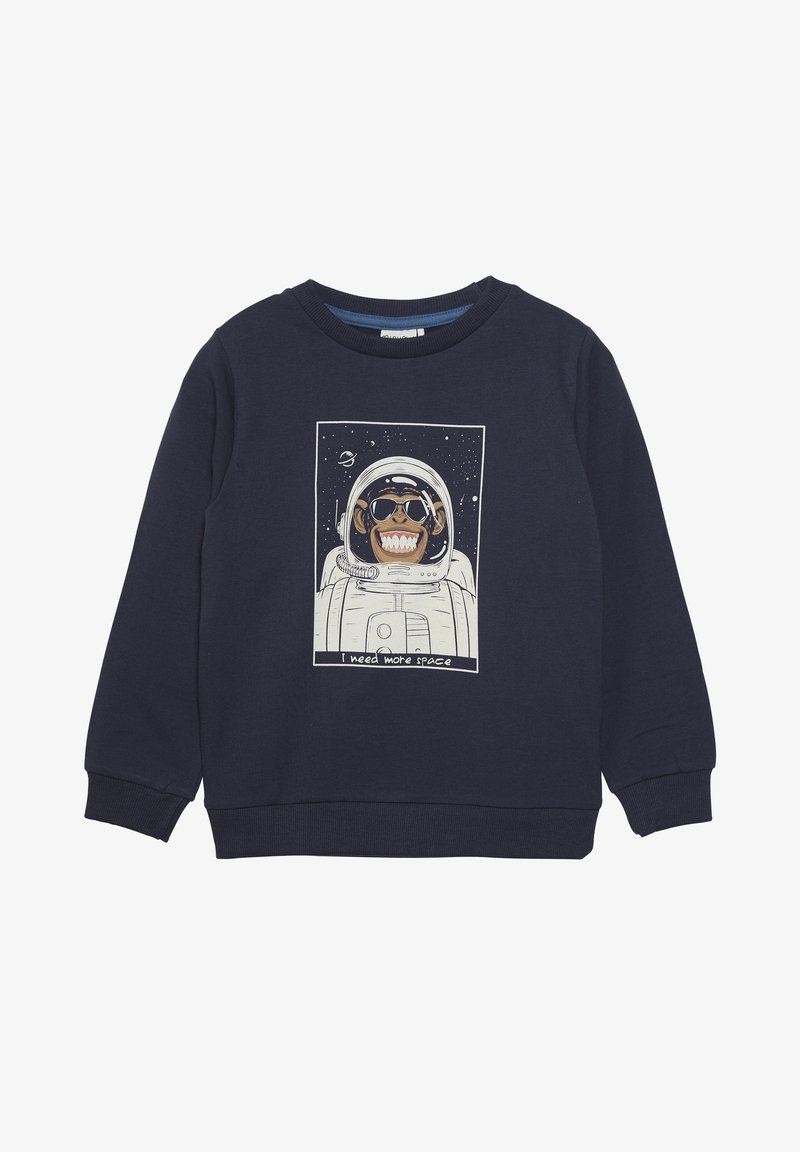 Felpa blu navy in cotone con scollo rotondo, caratterizzata da una grafica di una scimmia sorridente in tuta da astronauta con la scritta "Ho bisogno di più spazio."