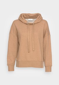 Sudadera marrón hecha de un tejido suave, con capucha ajustable, mangas anchas y puños acanalados. El diseño es relajado y cortado.