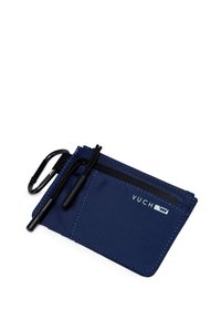 Navy blue nylon card holder with a zippered pocket, black hardware, two pen slots, and a carabiner attachment. VUCH logo printed on the front.