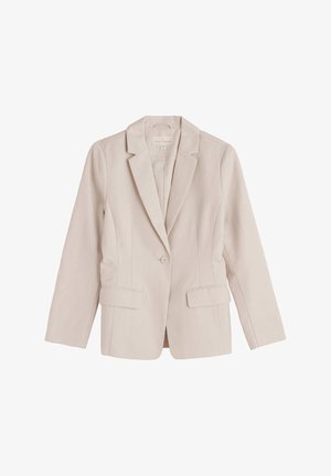 Svetlo bež blazer z natančnim krojem, enojnim gumbom, dvema sprednjima žepoma in blagim oblikovanjem ramen. Gladka tekstura.