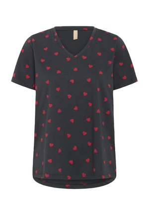 V-neck short-sleeve t-shirt in dark gray fabric with a repeating red heart pattern. Features a rounded hem and relaxed fit.