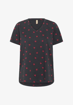 V-neck short-sleeve t-shirt in dark gray fabric with a repeating red heart pattern. Features a rounded hem and relaxed fit.