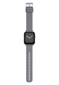 Montre connectée grise avec un cadran noir carré, un bracelet texturé gris et une boucle argentée. Elle dispose d'aiguilles des heures et des minutes avec un cadran à motifs.