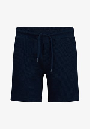 Szorty z teksturowanej tkaniny w ciemnym granacie, z elastycznym pasem i przednim sznurkiem, wyposażone w boczne kieszenie oraz małą naszywkę z logo na lewej nodze.