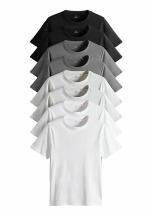 Neun T-Shirts, die in einem Farbverlauf von Schwarz nach Weiß angeordnet sind, aus weichem Baumwollmaterial mit kurzen Ärmeln und Rundhalsausschnitt.