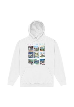 Sweat à capuche blanc avec neuf illustrations carrées colorées sur le thème de Paris et le texte « Emily in Paris » au-dessus des images à l'avant.