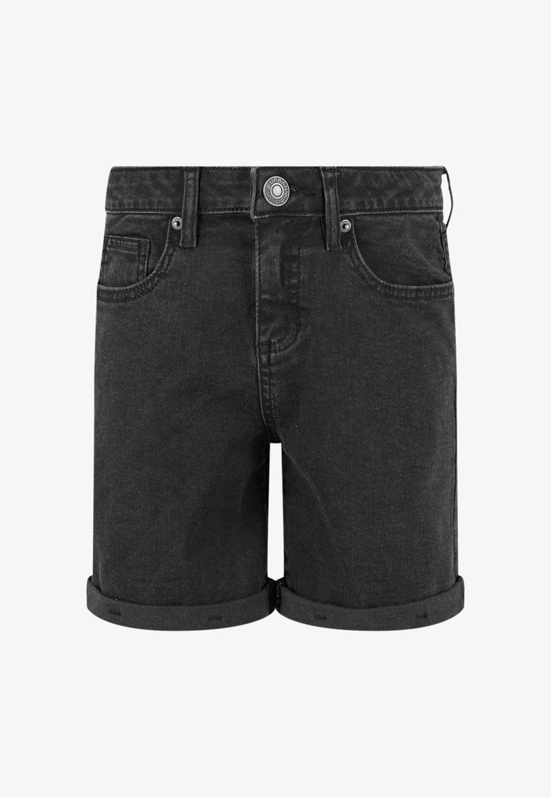 Pantalones cortos de mezclilla negra con dobladillos enrollados, bolsillos frontales y cierre de botón. Fabricados con material resistente y con una textura ligeramente desgastada.