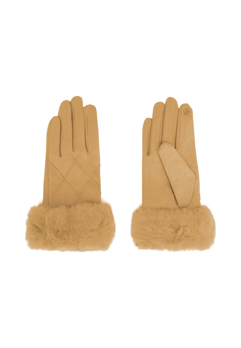 Guanti color sabbia realizzati in materiale morbido con un polsino in pelliccia morbida. Presentano un design trapuntato e coprono tutte le dita, ad eccezione di un dito scoperto.