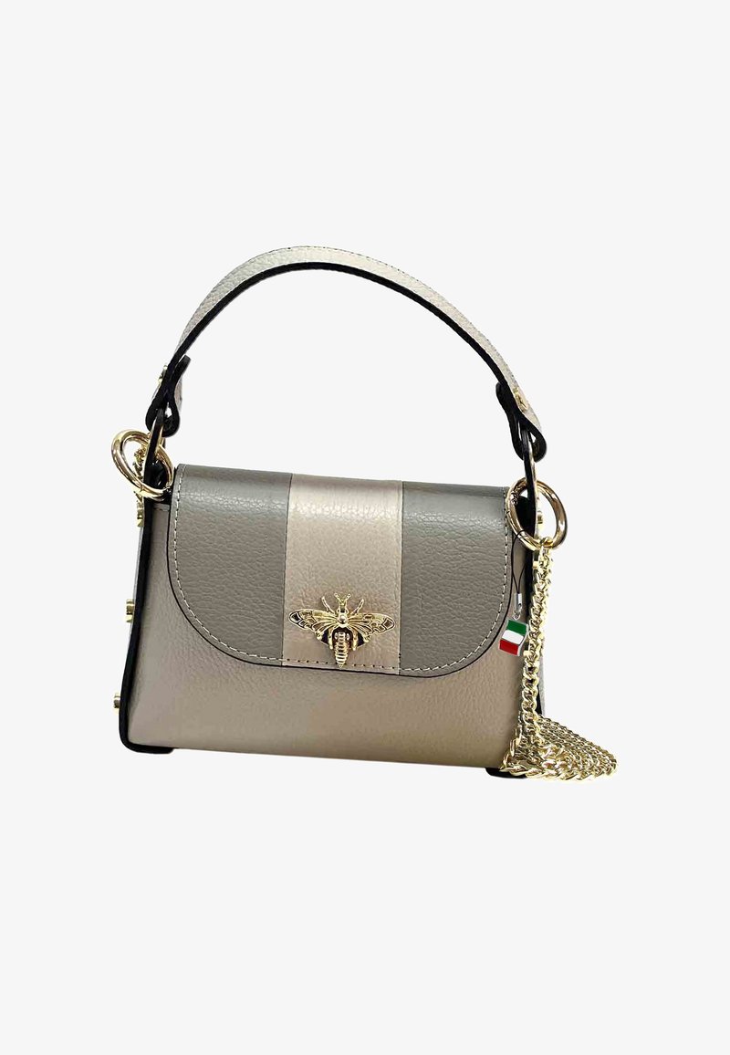 Grey and beige leather handbag with gold bee accent, chain strap, and detailed stitching. Compact rectangular design with rounded edges.