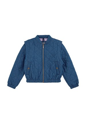 Pikowana kurtka bomberka z ciemnoniebieskiego denimu. Posiada przedni zamek błyskawiczny, elastyczne mankiety i dół oraz dwa przednie kieszenie z ozdobnymi guzikami.