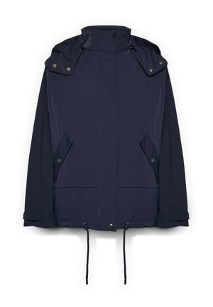 Veste légère bleu marine avec col montant, fermeture éclair avant recouverte de boutons-pression, deux poches inclinées à rabat avec boutons-pression, et cordons de serrage à l'ourlet.