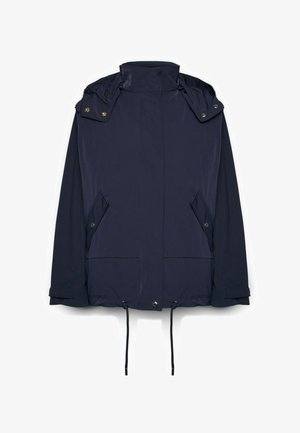 Veste légère bleu marine avec col montant, fermeture éclair avant recouverte de boutons-pression, deux poches inclinées à rabat avec boutons-pression, et cordons de serrage à l'ourlet.