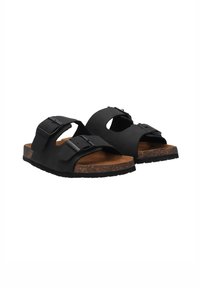 Schwarze Sandalen mit zwei verstellbaren Riemen und metallischen Schnallen. Korkfußbett mit einer strukturierten Oberfläche und einer schwarzen Gummisohle.