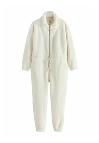 Beige-farbener Fleece-Overall mit hohem Kragen, Reißverschluss und Kordelzug in der Taille. Er verfügt über lange Ärmel und schmal zulaufende Beine.