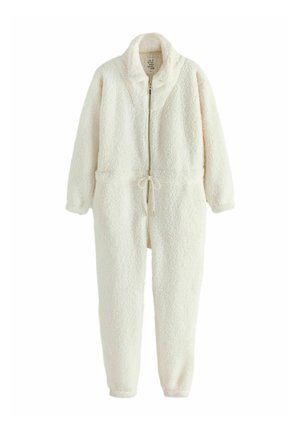 Beige-farbener Fleece-Overall mit hohem Kragen, Reißverschluss und Kordelzug in der Taille. Er verfügt über lange Ärmel und schmal zulaufende Beine.