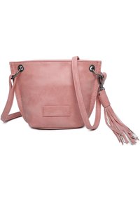 Borsa a secchiello in ecopelle rosa con tracolla, dettagli a occhiello e nappina frangiata. Texture liscia e piccola patch con logo.