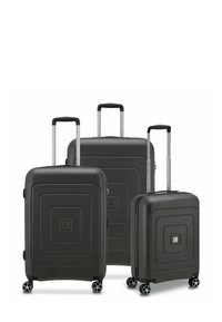 Three black hard-shell suitcases of varying sizes, featuring a textured square pattern, aluminum telescopic handles, and multi-directional wheels.