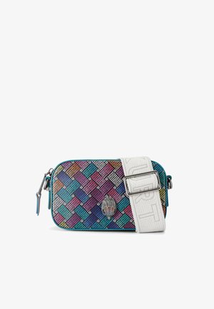 Woven multicolored handbag with a silver emblem and a wide white strap featuring embossed text. Designed with a zip closure and metallic accents.