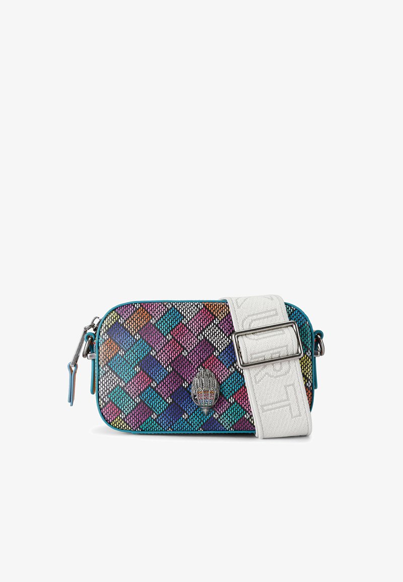 Woven multicolored handbag with a silver emblem and a wide white strap featuring embossed text. Designed with a zip closure and metallic accents.