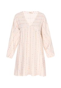 Lichtgewicht beige tuniekjurk met veelkleurige verticale strepen, V-hals, driekwart mouwen en geplooide details. Zachte textuur.