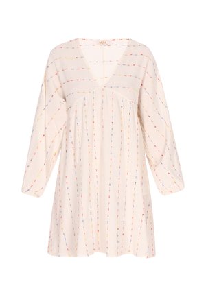 Lichtgewicht beige tuniekjurk met veelkleurige verticale strepen, V-hals, driekwart mouwen en geplooide details. Zachte textuur.