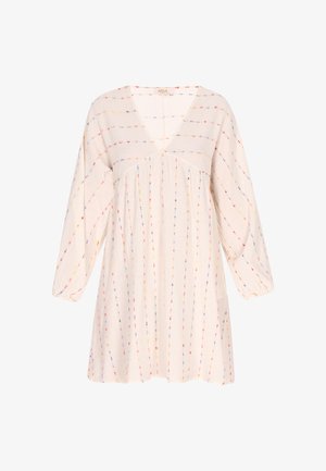 Kerge beež tunika kleit mitmevärviliste vertikaalsete triipudega, V-kaelus, kolmeveerand pikkusega varrukad ja kokku pandud detailid. Pehme tekstuur.