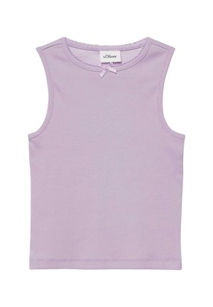 Ärmelloses, geripptes fliederfarbenes Tanktop mit rundem Ausschnitt und kleinem Schleifendetail unter dem s.Oliver Markenlabel in der Mitte vorne.