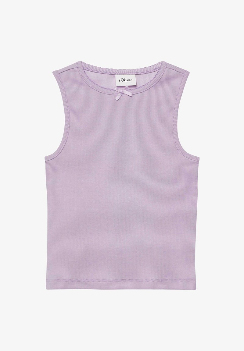 Débardeur lilas sans manches à côtes avec encolure ronde et petit nœud sous l’étiquette de la marque s.Oliver au centre devant.
