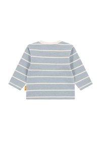 Lichtblauwe langerm T-shirt met witte horizontale strepen, ronde hals en zijlabel. Zachte textuur, casual ontwerp.
