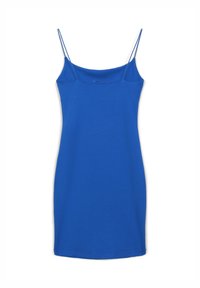 Abito blu senza maniche con spalline sottili, realizzato in tessuto liscio. Presenta una forma aderente e una scollatura rotonda. Nessun motivo o decorazione.