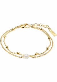 Bracciale a doppia catena in oro con perline tonde e una perla bianca centrale, chiuso con un gancio a molla e lunghezza regolabile.